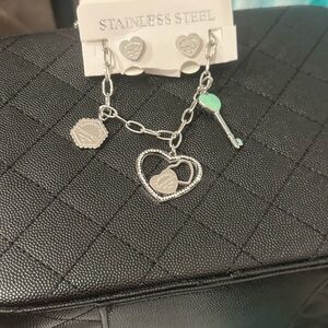 Silver Heart Charm necklace and stud earrings